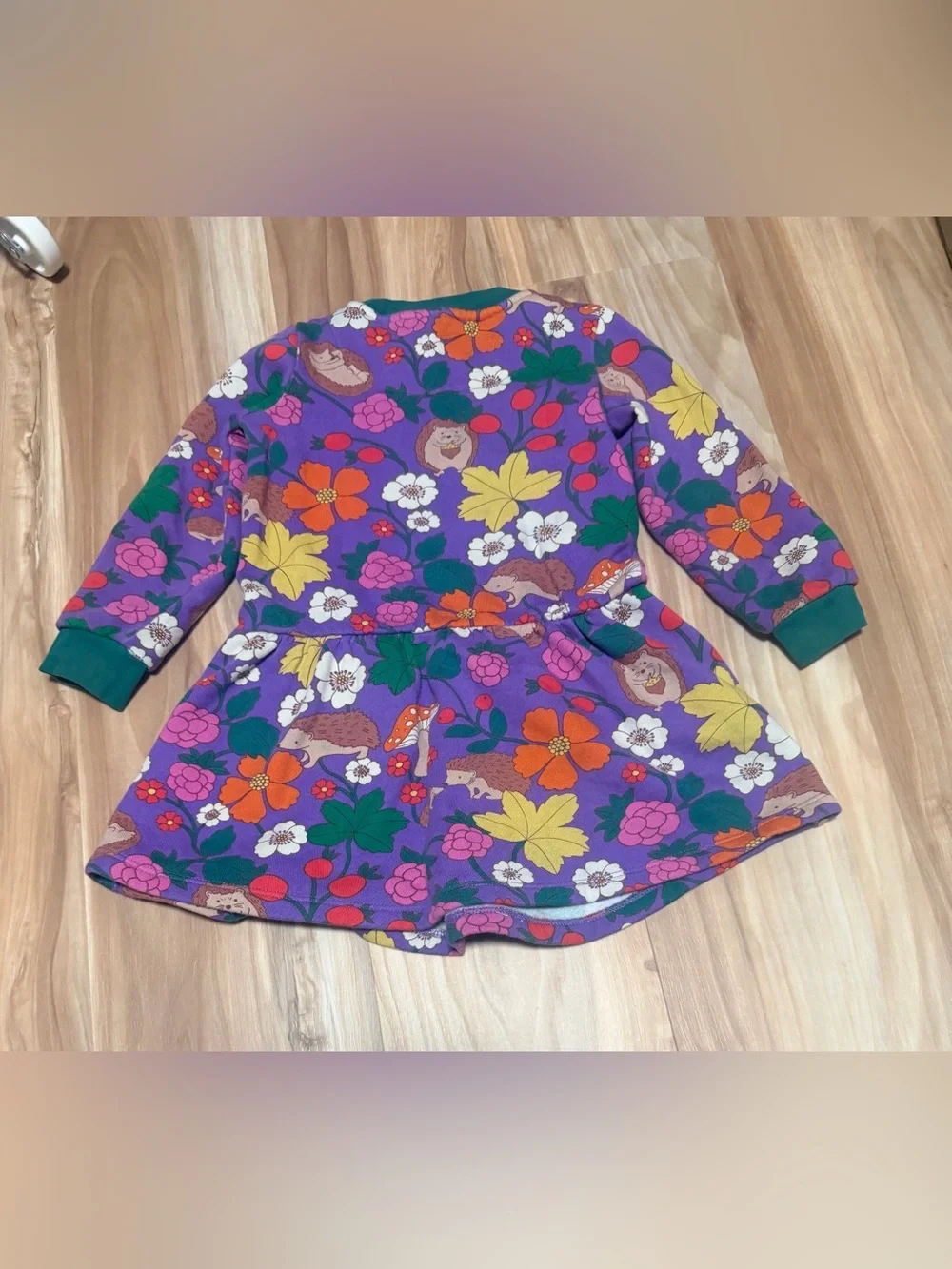 Mini Boden Purple Floral & Hedgehog Print Long Sleeve Dress